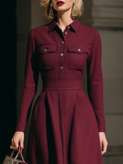 Burgundy Long-Sleeve Pleated Shirt Midi Dress