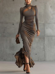 Brown Leopard Print Pleated Cutout Maxi Dress