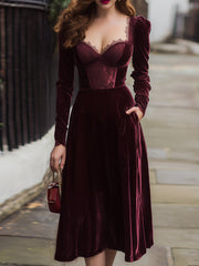 Burgundy Lace-Corset Velvet Midi Dress