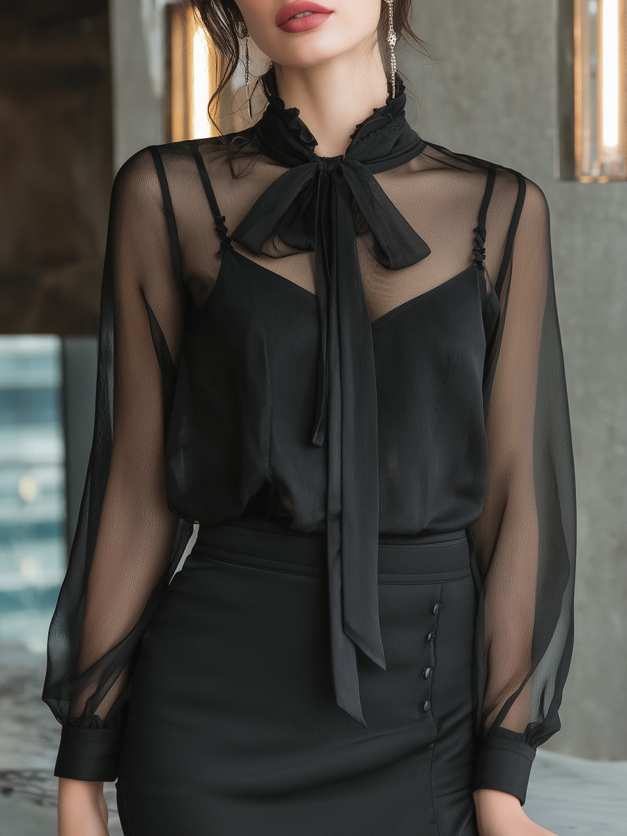 Black Sheer Bow-Tie Blouse With Draped Neckline