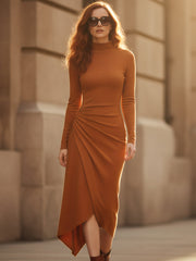 Burnt Amber Asymmetric Drape Midi Dress