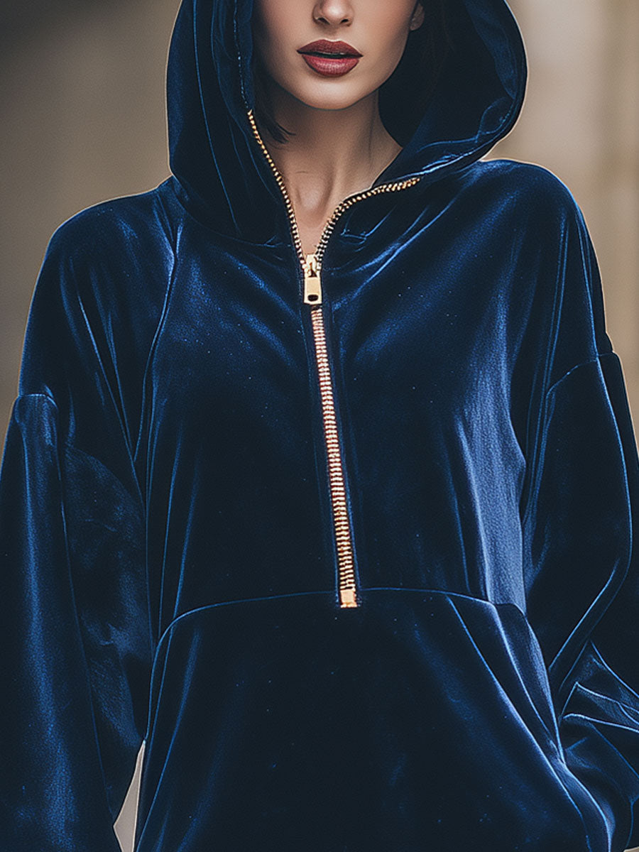 Luxe Navy Velvet Half-Zip Hooded Mini Dress