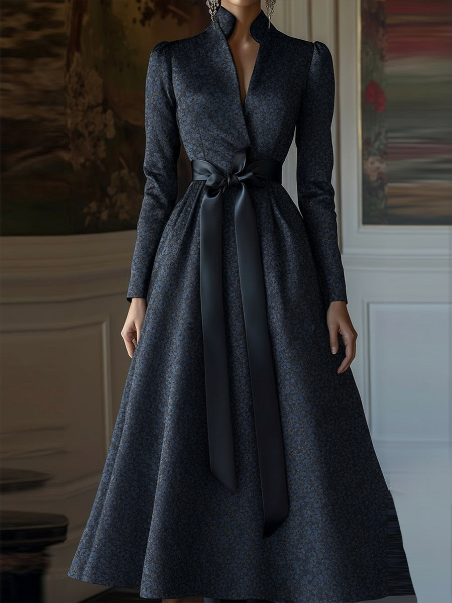 Navy Jacquard A-Line Dress With Satin Bow