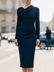 Navy Draped Midi Dress