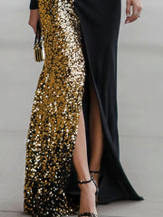 Elegant Black And Gold Sequin High-Neck Slit Maxi Dress