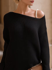 Off-Shoulder Pearl Strap Oversized Knit Sweater