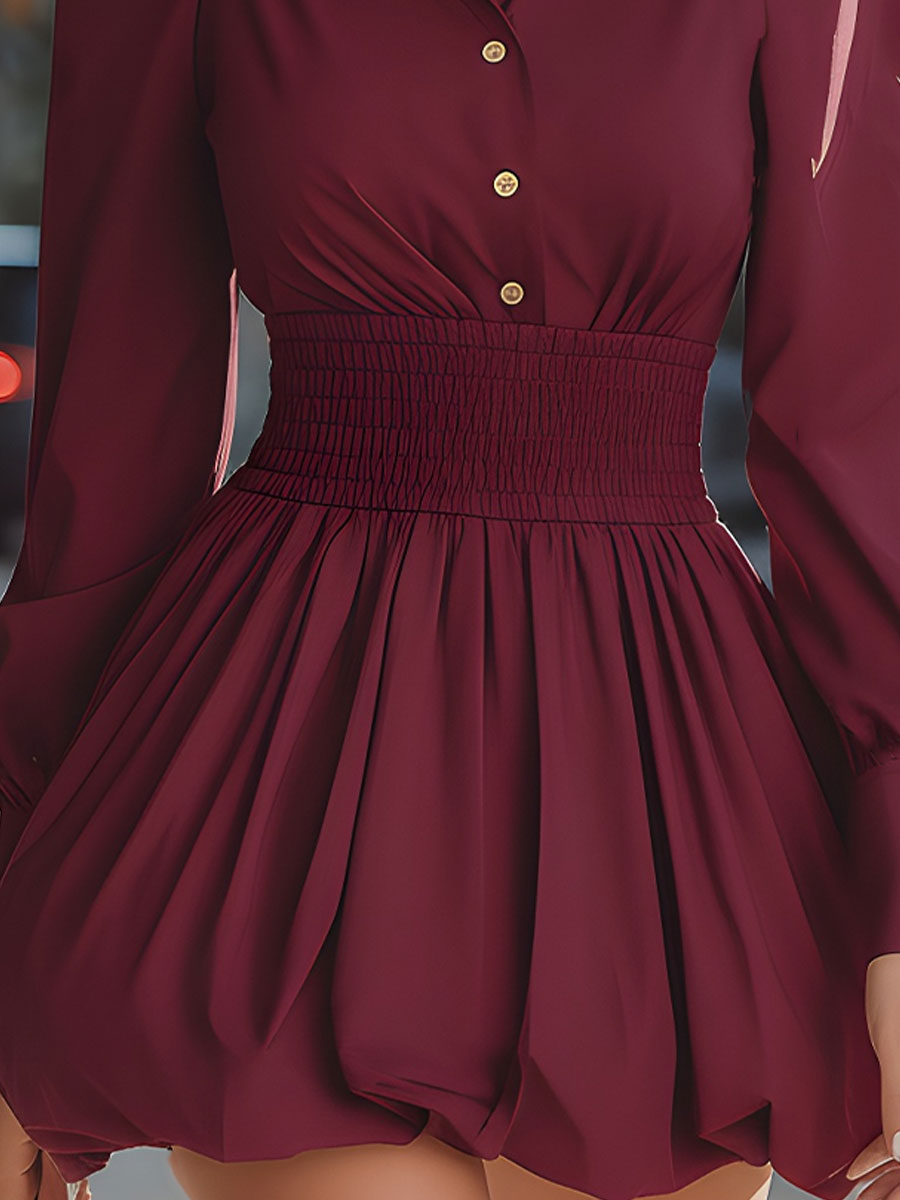 Burgundy Shirt Collar Smocked Waist Balloon Hem Mini Dress