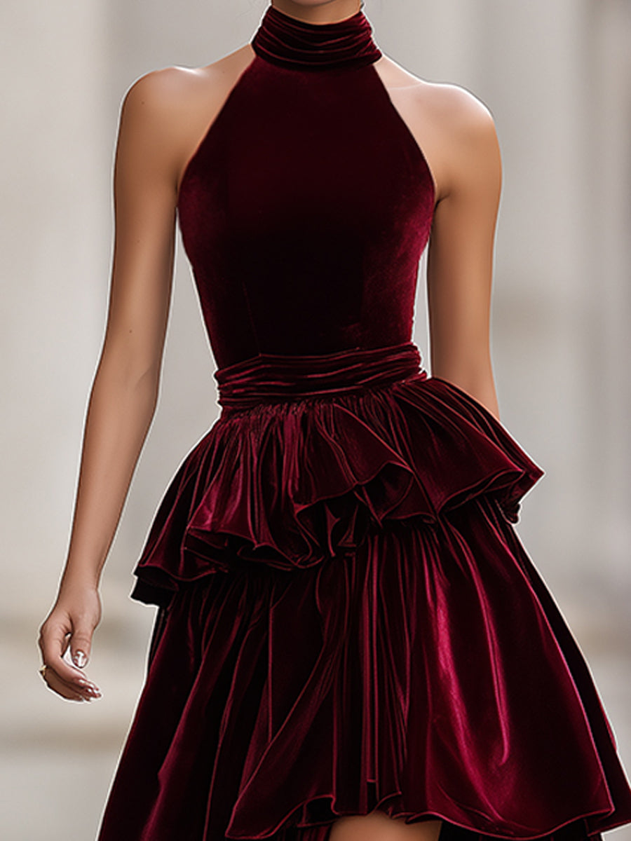 Elegant Velvet Tiered High-Low Evening Gown