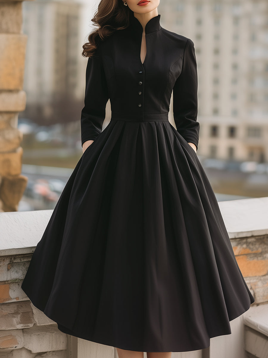 Elegant Band Collar Buttoned Midi Dress