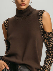 Chocolate Cold Shoulder Leopard Sleeve Knit Sweater