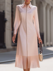 Elegant Zip-Front Midi Dress With Sheer Pleated Hem