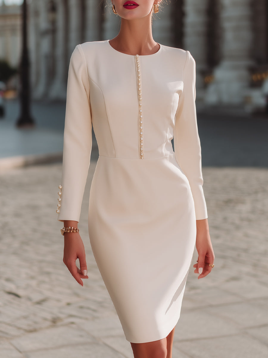 Elegant Pearl-Trim Long-Sleeve Sheath Dress