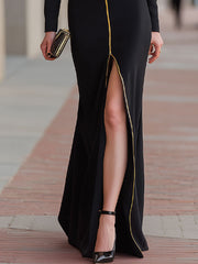 Glamorous Black & Gold Zip-Front Evening Gown