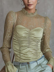 Light Green Lace Patchwork Ruched Shirt With Ruffled Cuffs