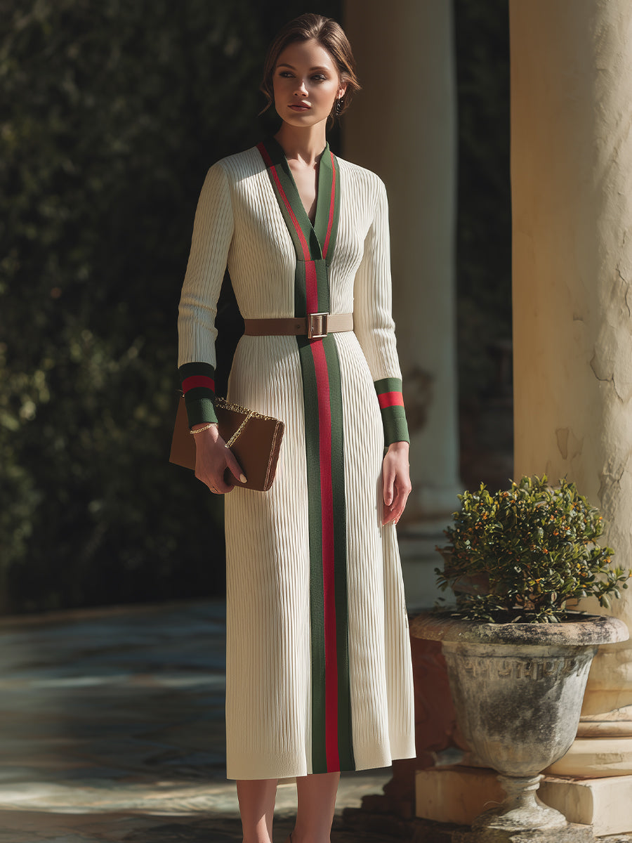 Contrast Trim Belted Ribbed Knit Maxi Dress