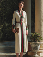 Contrast Trim Belted Ribbed Knit Maxi Dress