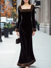 Luxurious Black Velvet Gown With Faux Fur Trim