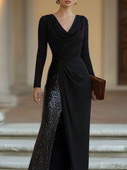 Draped Cowl-Neck Sequin-Panel Evening Gown