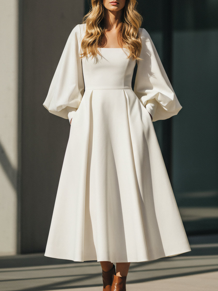 Ivory Sculpted Midi Dress With Balloon Sleeves