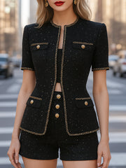 Elegant Tweed Shorts Set With Gold Chain Trim (Top And Shorts Only)