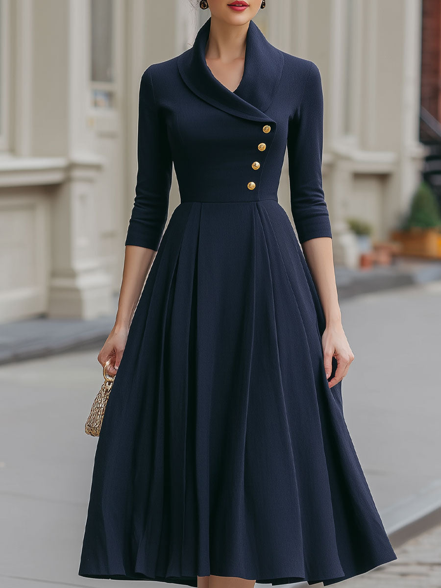 Navy Blue Shawl Collar Midi Dress