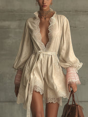 Beige Lace Trim V-Neck Tie Front Mini Dress