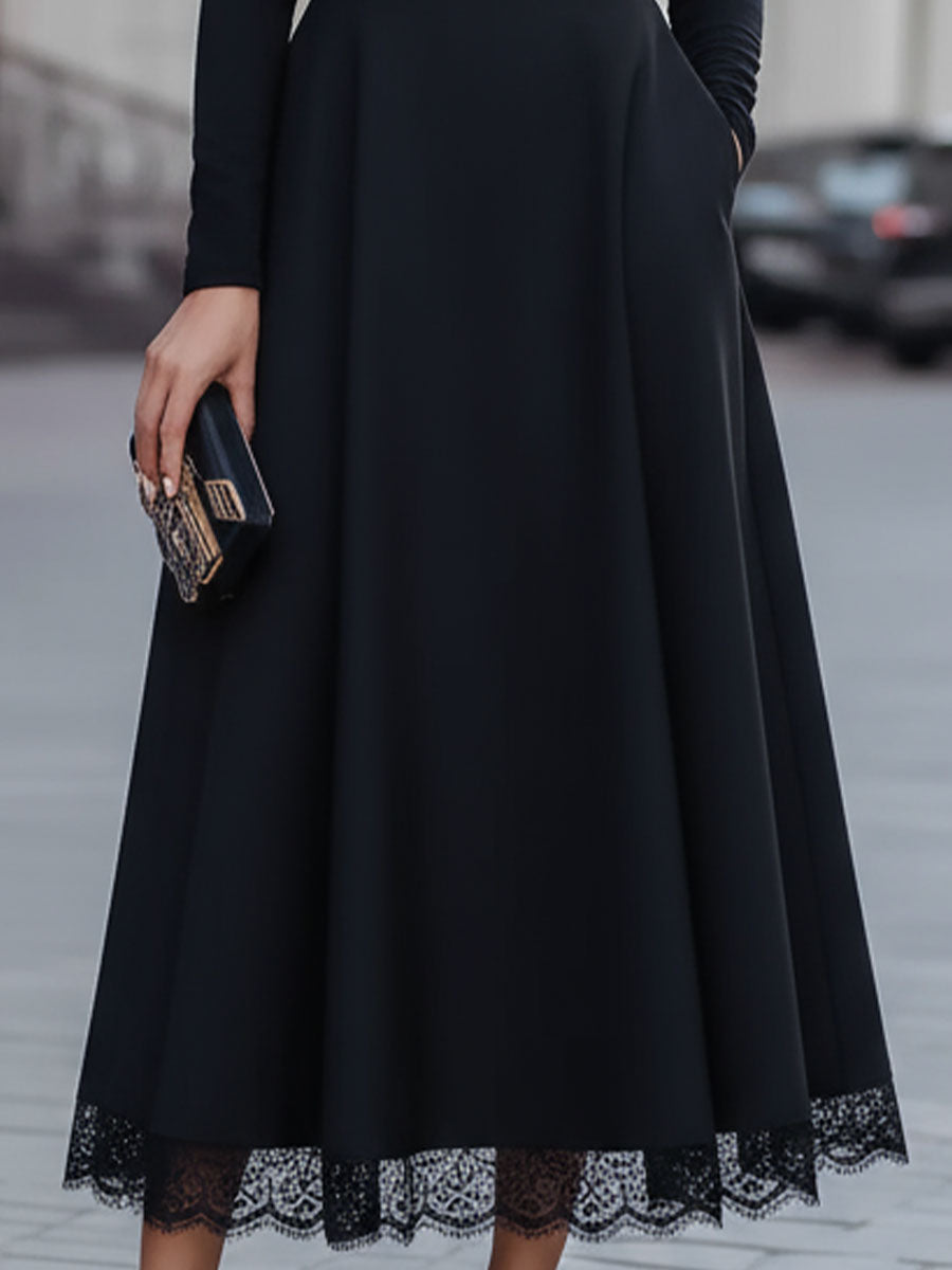 Elegant Black Deep V-Neck Lace-Trimmed Midi Dress