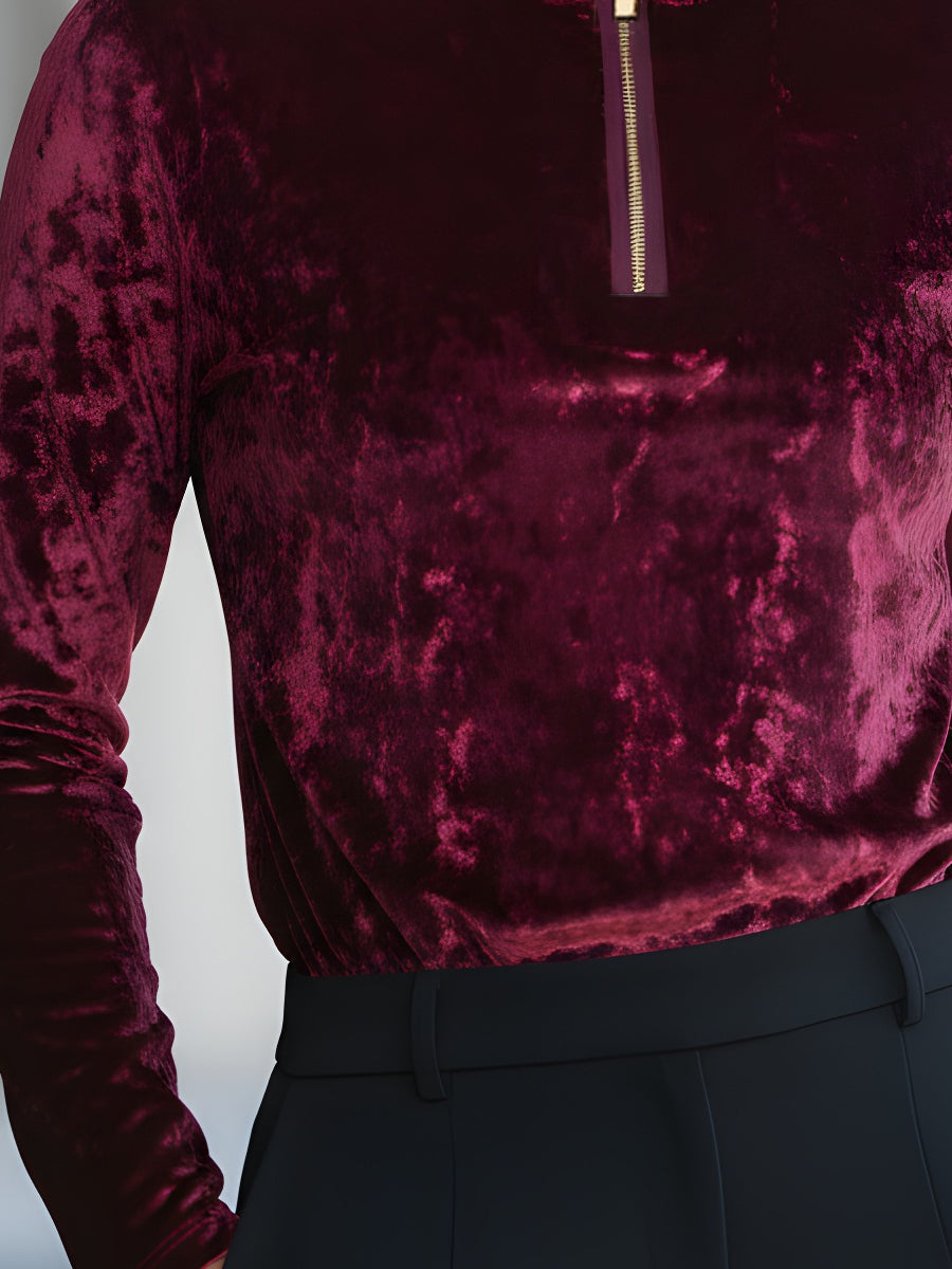 Velvet Zip-Front Turtleneck Top