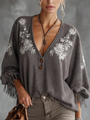 Gray Suede Embroidered Fringe Loose Blouse