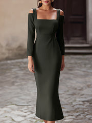 Off-Shoulder Square-Neck Fitted Midi Dress