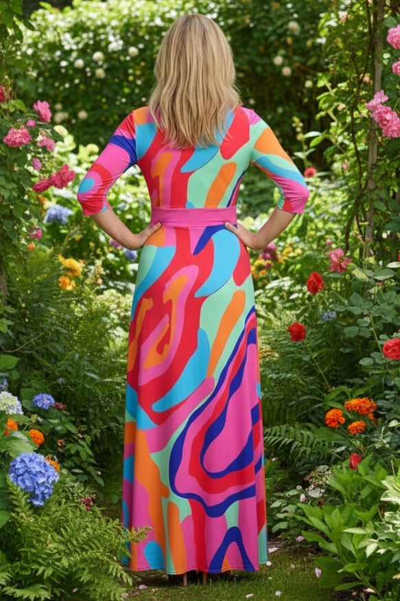 Three Quarter Sleeve Abstract Print Maxi Dress