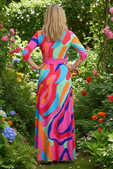 Three Quarter Sleeve Abstract Print Maxi Dress