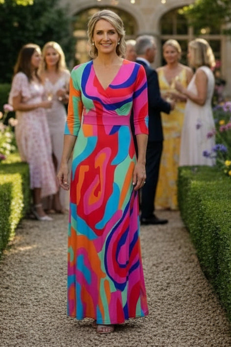 Three Quarter Sleeve Abstract Print Maxi Dress