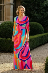 Three Quarter Sleeve Abstract Print Maxi Dress