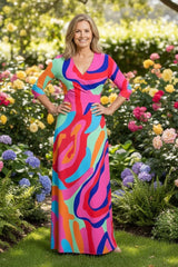 Three Quarter Sleeve Abstract Print Maxi Dress