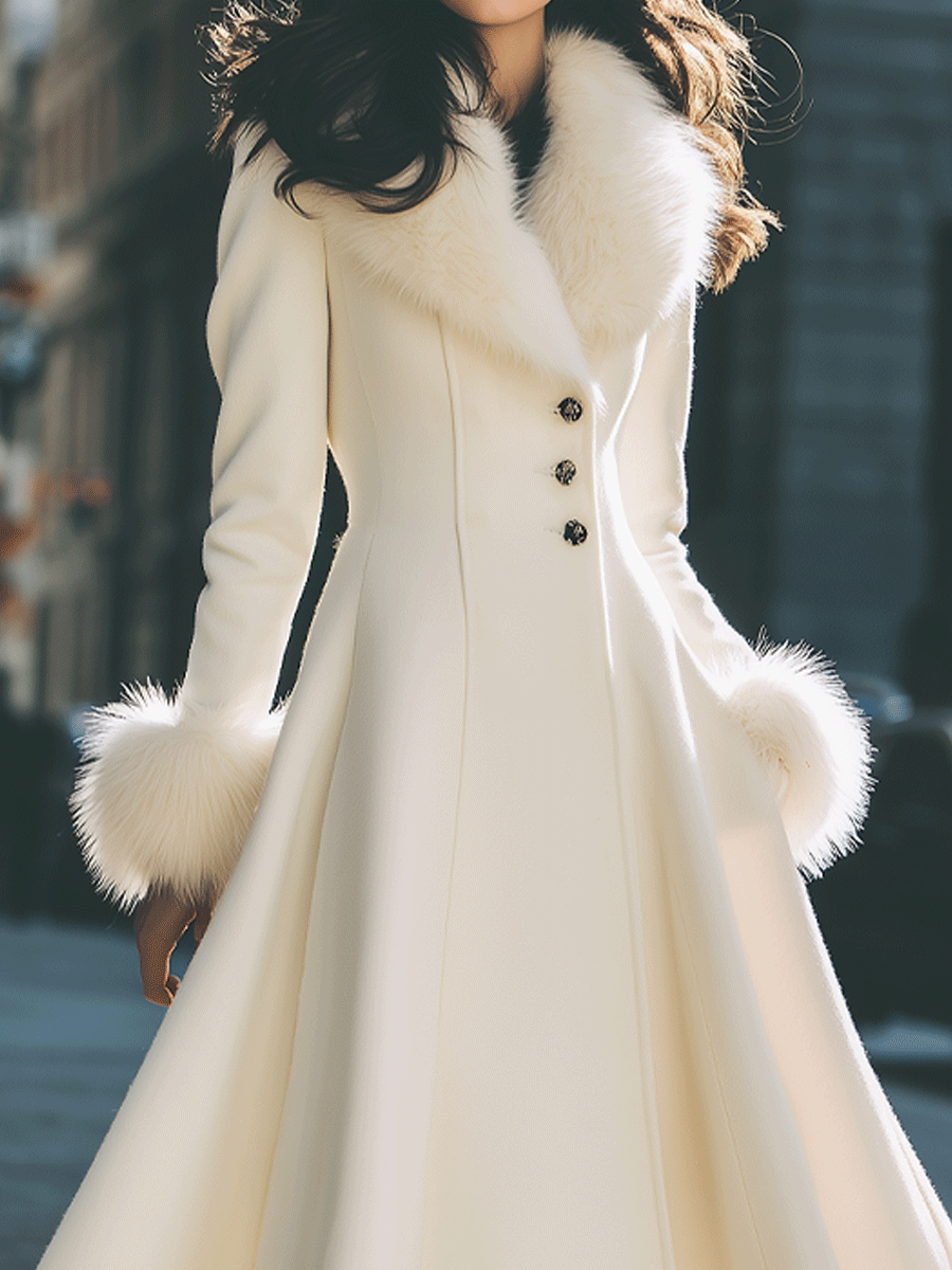 Ivory Flared Coat With Faux Fur Collar And Cuffs