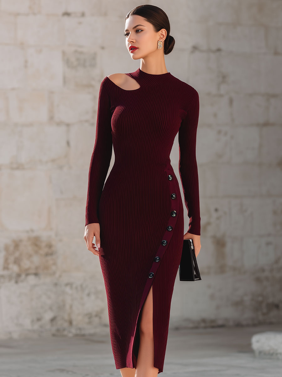 Elegant Burgundy Ribbed Cutout Midi Dress With Side Buttons And Slit