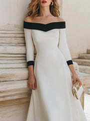 Ivory Off-Shoulder Midi Dress With Black Contrast Trim