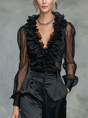 Black Sheer Ruffled Organza Blouse With Deep V-Neck
