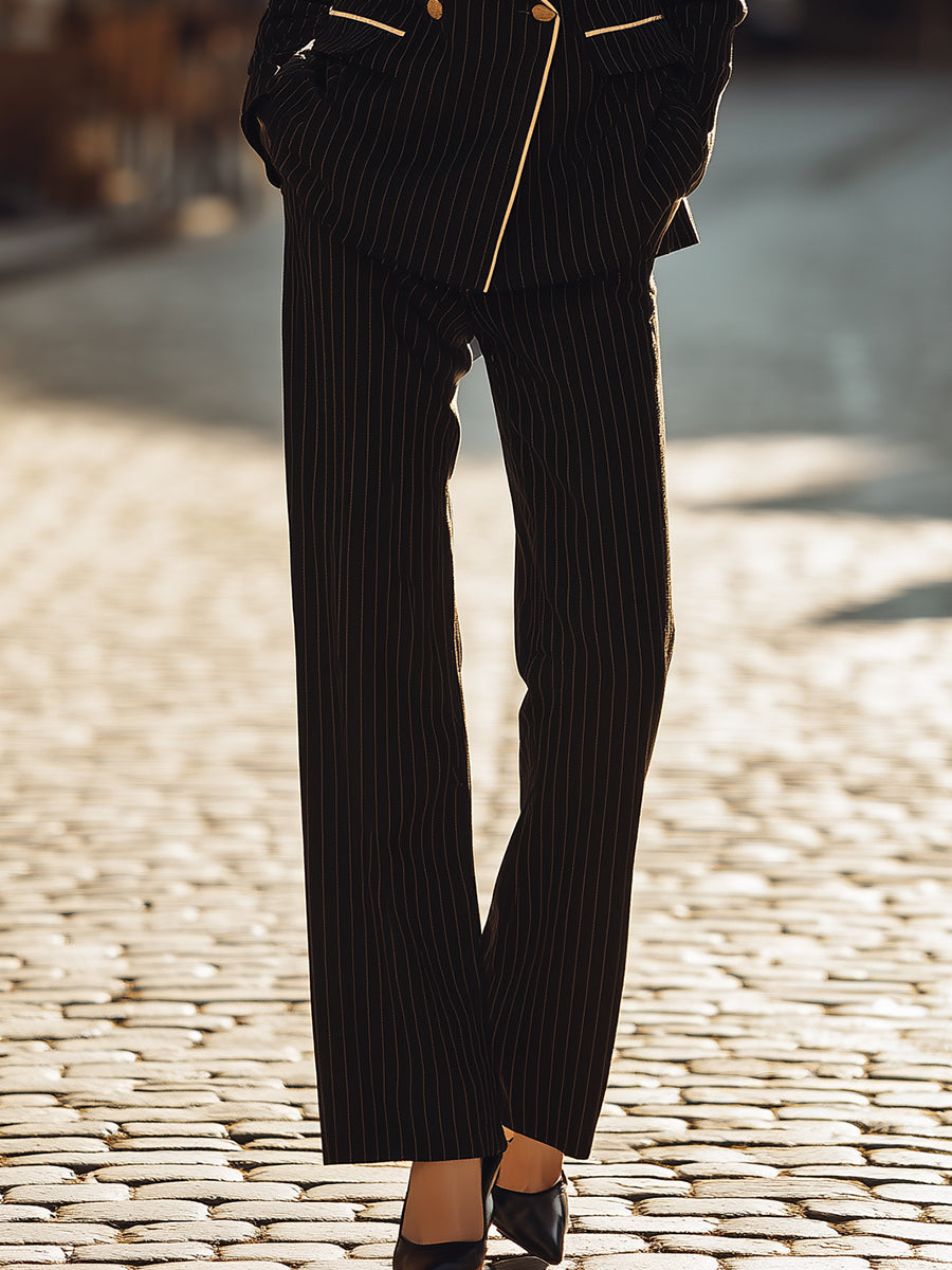 Black Pinstripe Double-Breasted Suit With Contrast Piping