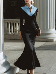 Contrast Collar Long-Sleeve Mermaid Gown
