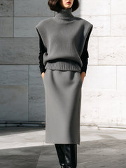 Gray Knit Turtleneck Vest And Midi Skirt Set