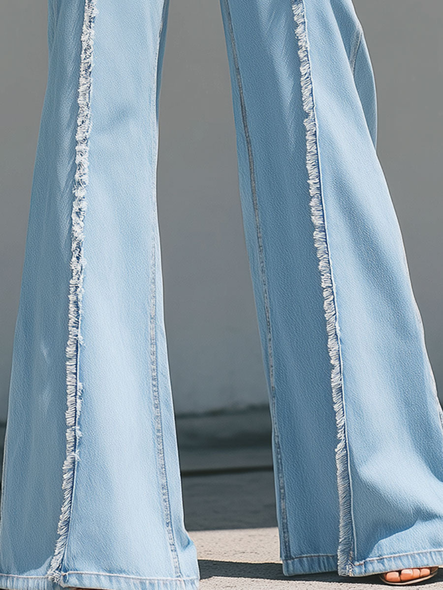 High-Waisted Light Blue Flared Jeans With Raw Edge Seams