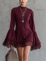 Wine Red Flared-Sleeve Button-Front Mini Dress With Lace Hem
