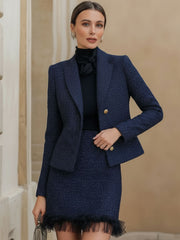 Navy Blue Tweed Skirt Suit With Tulle Hem