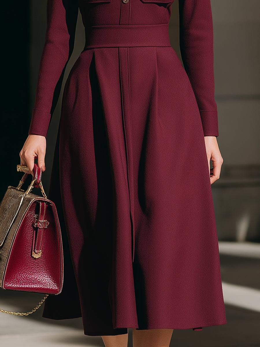 Burgundy Long-Sleeve Pleated Shirt Midi Dress