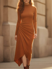 Burnt Amber Asymmetric Drape Midi Dress
