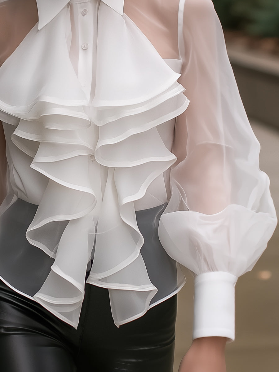 Layered Ruffle Sheer-Sleeve Blouse