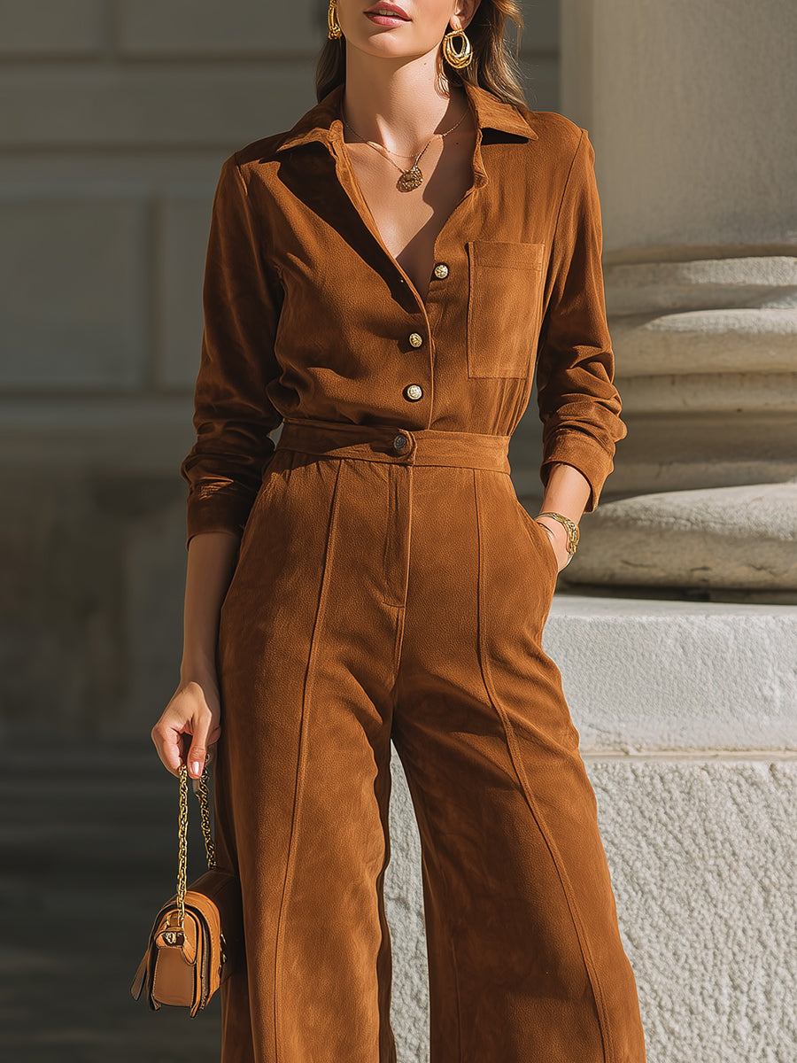 Chestnut Brown Corduroy Set – Shirt & Wide-Leg Pants