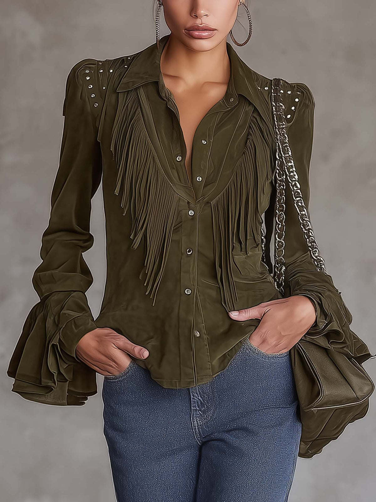 Olive Green Faux Suede Fringe Studded Blouse